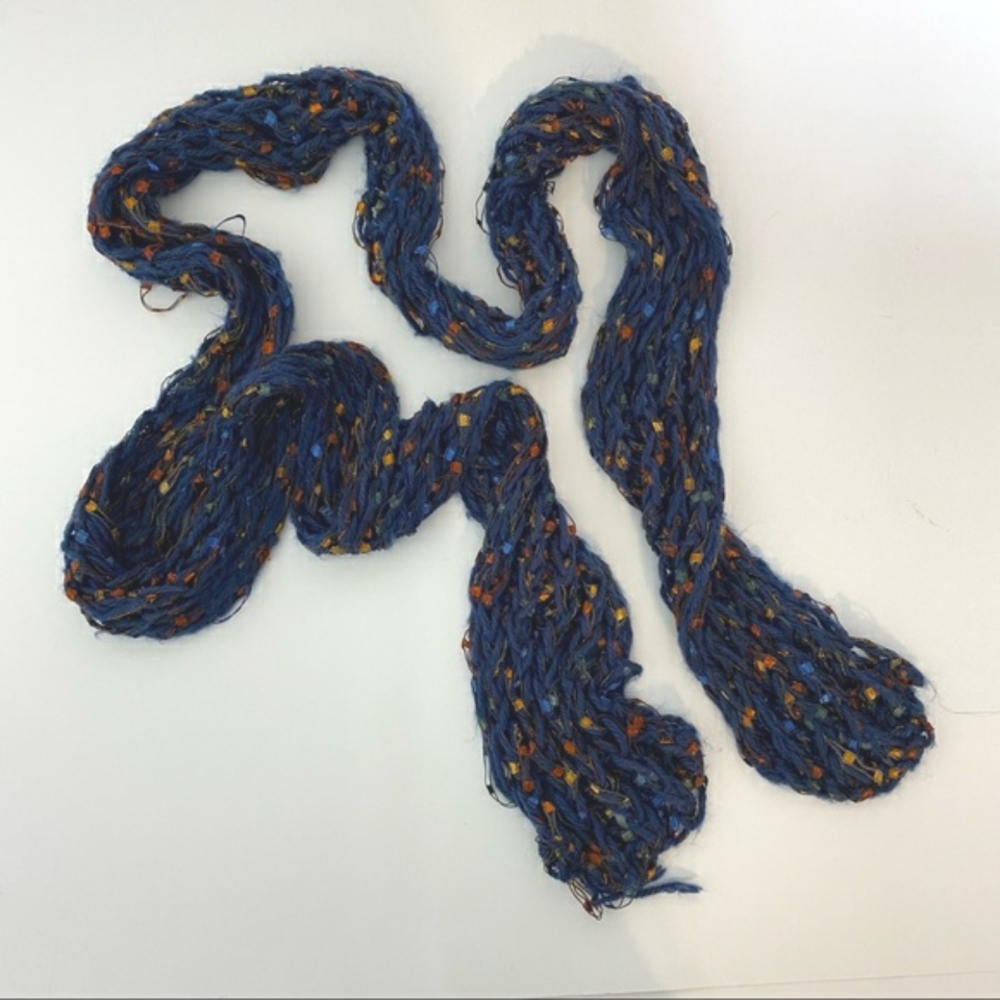Womens thin blue knitted scarf with multicolored confetti
